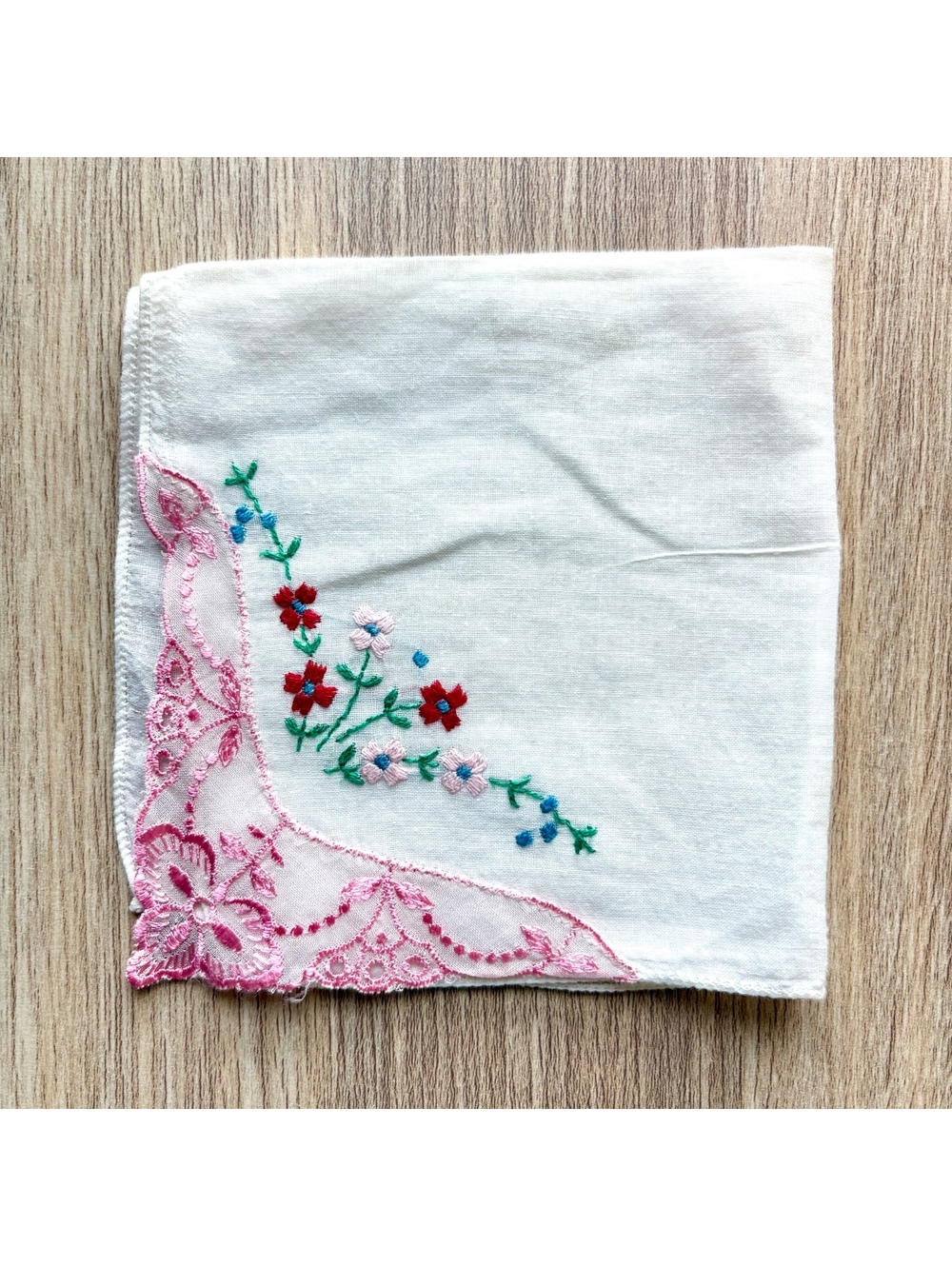 Vintage Embroidered Handkerchief Pink Floral Hankie Lace Trim Cottagecore